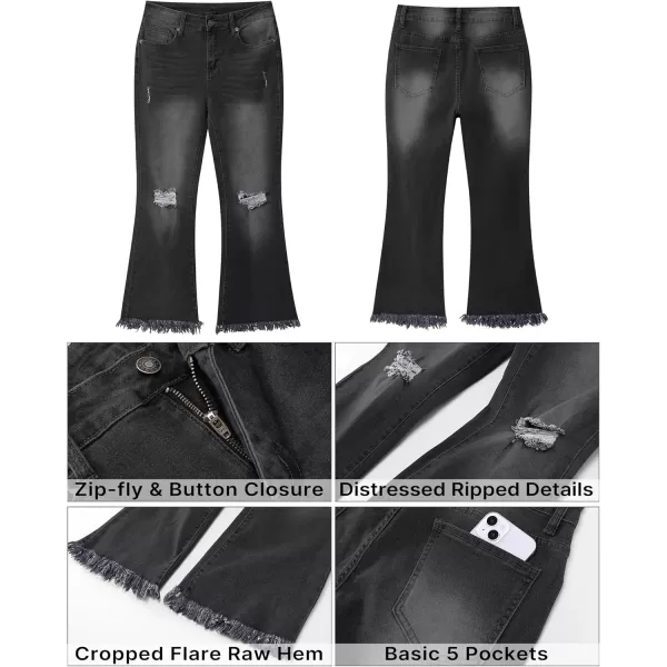 GRAPENT Flare Jeans for Women Trendy High Waisted Cropped Ripped Jeans Wide Leg Stretchy Denim Ankle Pants Raw Hem JeansWashed Black