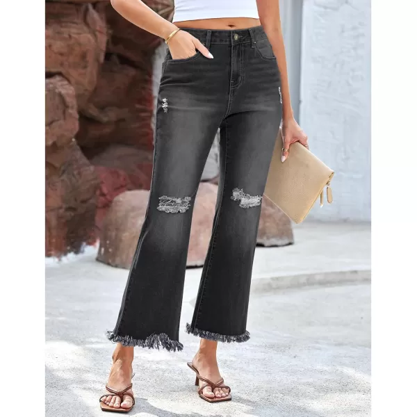 GRAPENT Flare Jeans for Women Trendy High Waisted Cropped Ripped Jeans Wide Leg Stretchy Denim Ankle Pants Raw Hem JeansWashed Black