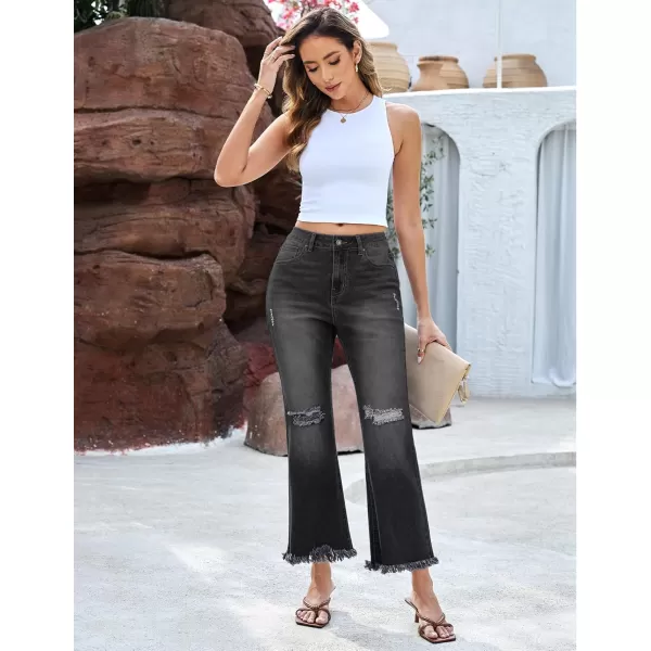 GRAPENT Flare Jeans for Women Trendy High Waisted Cropped Ripped Jeans Wide Leg Stretchy Denim Ankle Pants Raw Hem JeansWashed Black