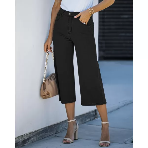 GRAPENT Jean Capris for Women Wide Leg Jeans High Waisted Crop Denim Capri Pants Stretchy BaggyBlack
