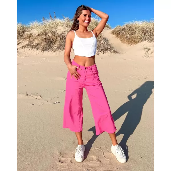 GRAPENT Jean Capris for Women Wide Leg Jeans High Waisted Crop Denim Capri Pants Stretchy BaggyMagenta Pink