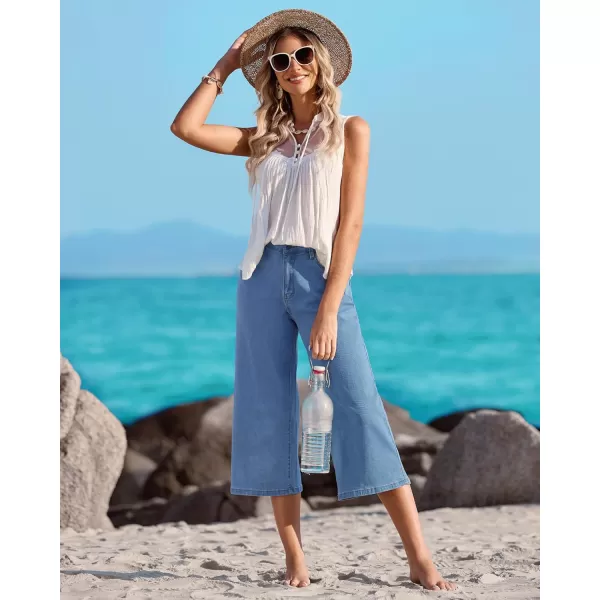 GRAPENT Jean Capris for Women Wide Leg Jeans High Waisted Crop Denim Capri Pants Stretchy BaggyRoadknight Blue