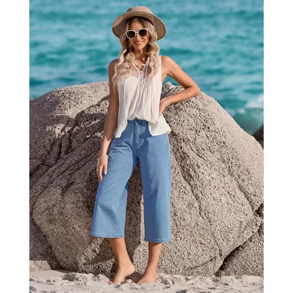 GRAPENT Jean Capris for Women Wide Leg Jeans High Waisted Crop Denim Capri Pants Stretchy BaggyRoadknight Blue