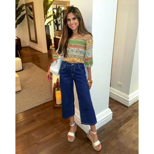GRAPENT Jean Capris for Women Wide Leg Jeans High Waisted Crop Denim Capri Pants Stretchy BaggyTwilight Blue