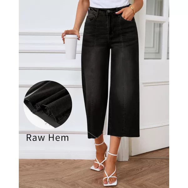 GRAPENT Jean Capris for Women Wide Leg Jeans High Waisted Seamed Front Raw Hem Denim Capri Pants StretchyBlack