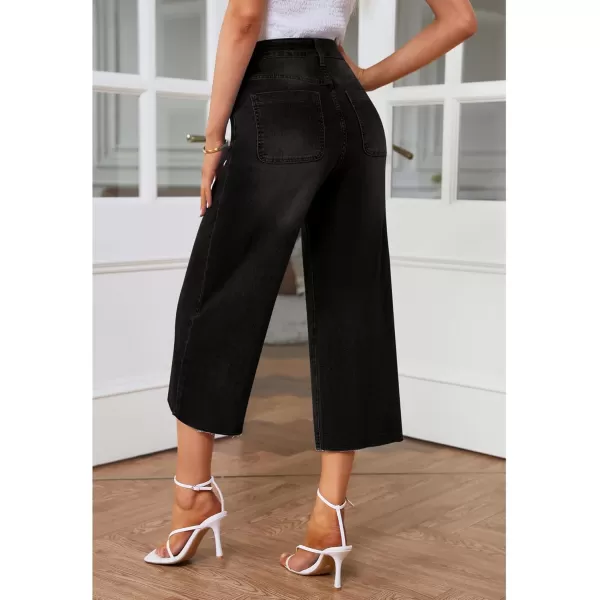 GRAPENT Jean Capris for Women Wide Leg Jeans High Waisted Seamed Front Raw Hem Denim Capri Pants StretchyBlack