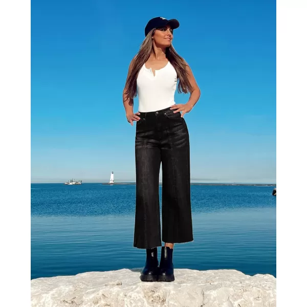 GRAPENT Jean Capris for Women Wide Leg Jeans High Waisted Seamed Front Raw Hem Denim Capri Pants StretchyBlack