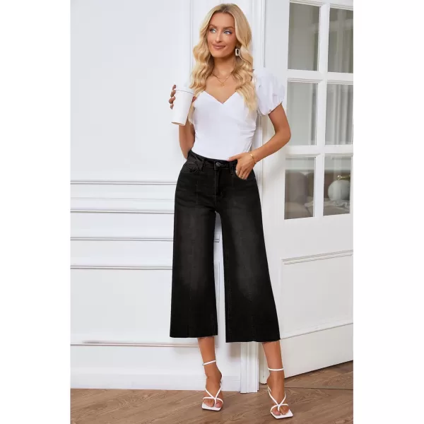GRAPENT Jean Capris for Women Wide Leg Jeans High Waisted Seamed Front Raw Hem Denim Capri Pants StretchyBlack
