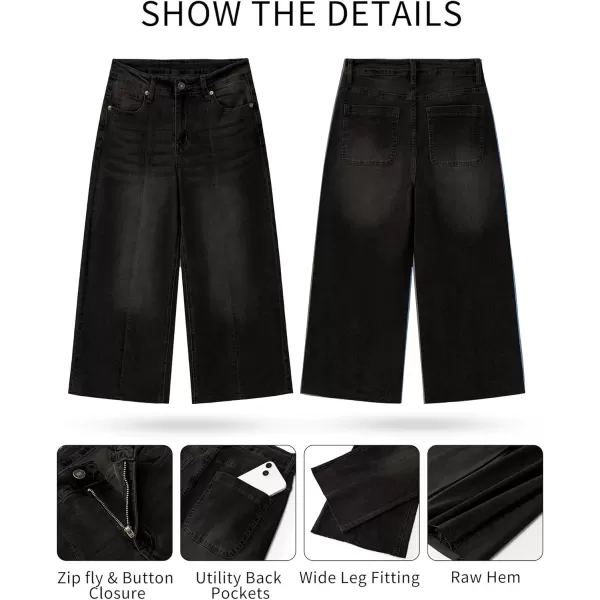 GRAPENT Jean Capris for Women Wide Leg Jeans High Waisted Seamed Front Raw Hem Denim Capri Pants StretchyBlack