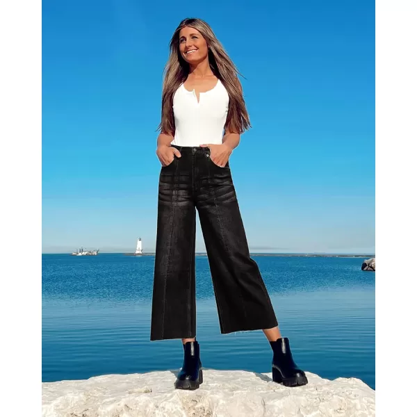 GRAPENT Jean Capris for Women Wide Leg Jeans High Waisted Seamed Front Raw Hem Denim Capri Pants StretchyBlack