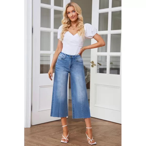 GRAPENT Jean Capris for Women Wide Leg Jeans High Waisted Seamed Front Raw Hem Denim Capri Pants StretchyBrilliant Blue