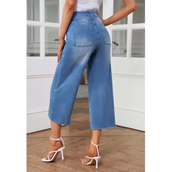 GRAPENT Jean Capris for Women Wide Leg Jeans High Waisted Seamed Front Raw Hem Denim Capri Pants StretchyBrilliant Blue