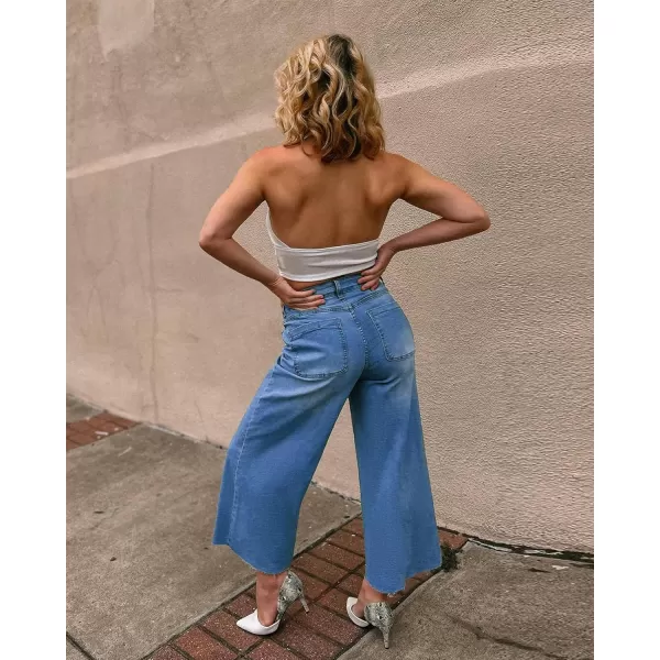 GRAPENT Jean Capris for Women Wide Leg Jeans High Waisted Seamed Front Raw Hem Denim Capri Pants StretchyBrilliant Blue