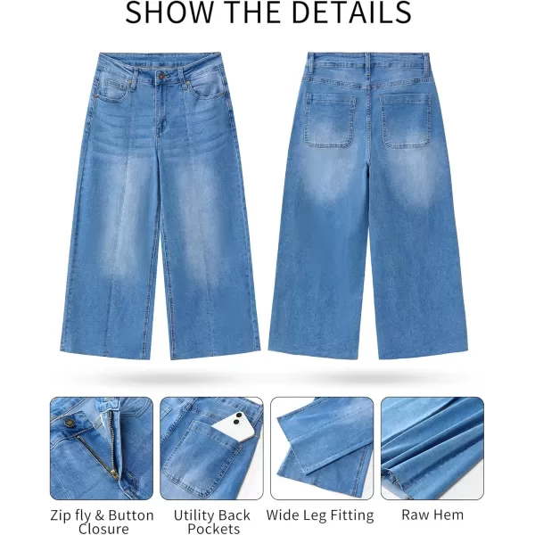 GRAPENT Jean Capris for Women Wide Leg Jeans High Waisted Seamed Front Raw Hem Denim Capri Pants StretchyBrilliant Blue