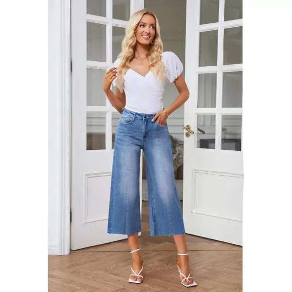 GRAPENT Jean Capris for Women Wide Leg Jeans High Waisted Seamed Front Raw Hem Denim Capri Pants StretchyBrilliant Blue