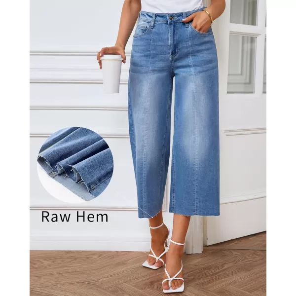 GRAPENT Jean Capris for Women Wide Leg Jeans High Waisted Seamed Front Raw Hem Denim Capri Pants StretchyBrilliant Blue