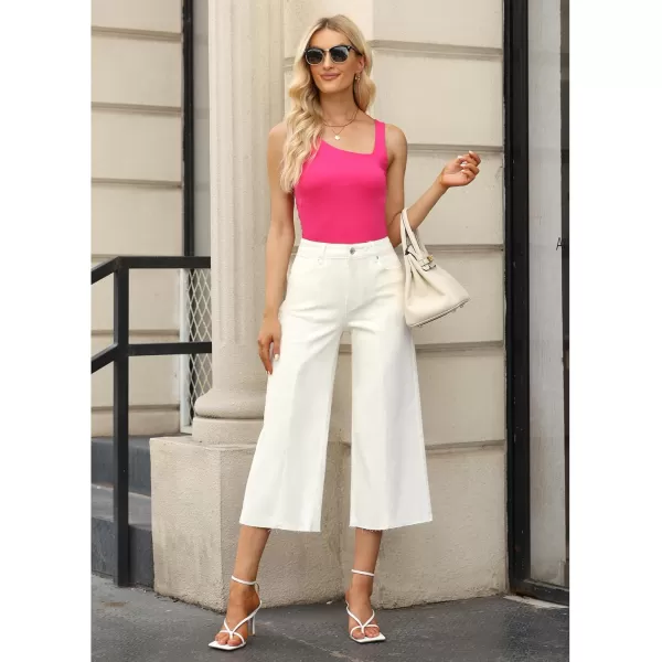 GRAPENT Jean Capris for Women Wide Leg Jeans High Waisted Seamed Front Raw Hem Denim Capri Pants StretchyBrilliant White