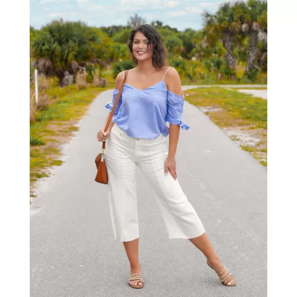 GRAPENT Jean Capris for Women Wide Leg Jeans High Waisted Seamed Front Raw Hem Denim Capri Pants StretchyBrilliant White