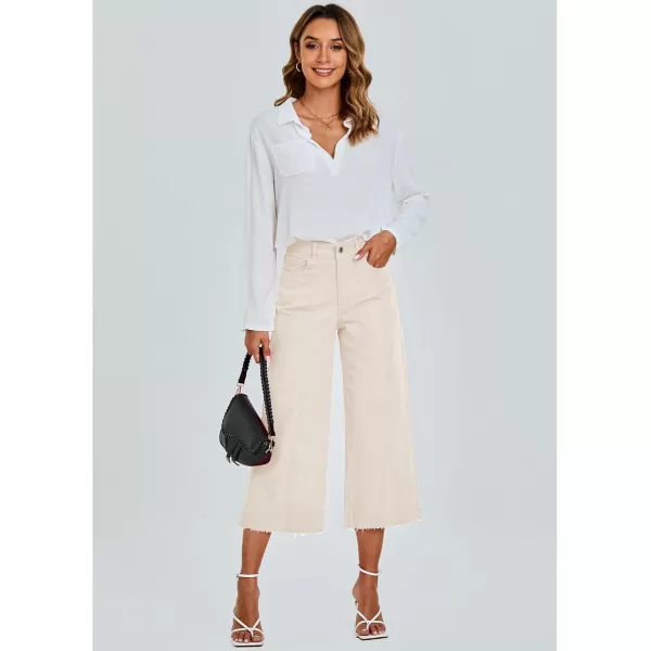 GRAPENT Jean Capris for Women Wide Leg Jeans High Waisted Seamed Front Raw Hem Denim Capri Pants StretchyButtercream