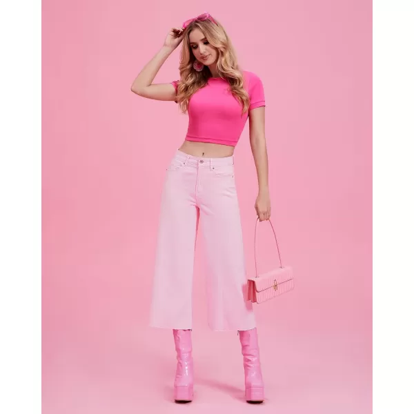 GRAPENT Jean Capris for Women Wide Leg Jeans High Waisted Seamed Front Raw Hem Denim Capri Pants StretchyCandy Pink