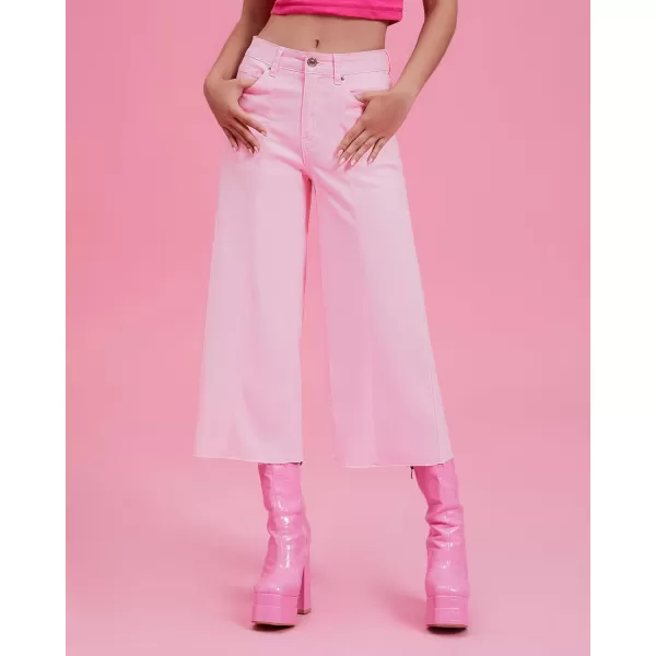 GRAPENT Jean Capris for Women Wide Leg Jeans High Waisted Seamed Front Raw Hem Denim Capri Pants StretchyCandy Pink