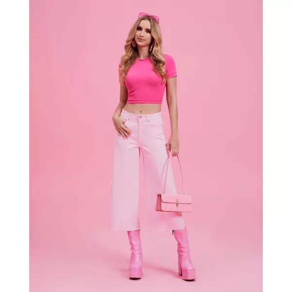 GRAPENT Jean Capris for Women Wide Leg Jeans High Waisted Seamed Front Raw Hem Denim Capri Pants StretchyCandy Pink