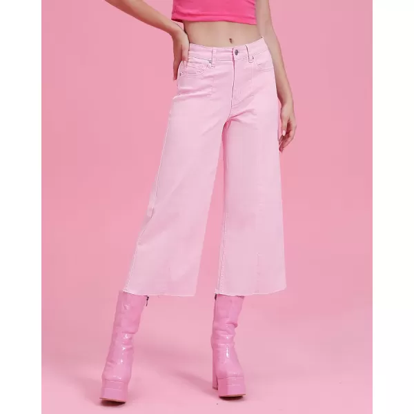 GRAPENT Jean Capris for Women Wide Leg Jeans High Waisted Seamed Front Raw Hem Denim Capri Pants StretchyCandy Pink
