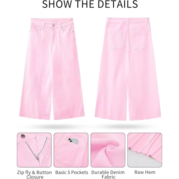 GRAPENT Jean Capris for Women Wide Leg Jeans High Waisted Seamed Front Raw Hem Denim Capri Pants StretchyCandy Pink