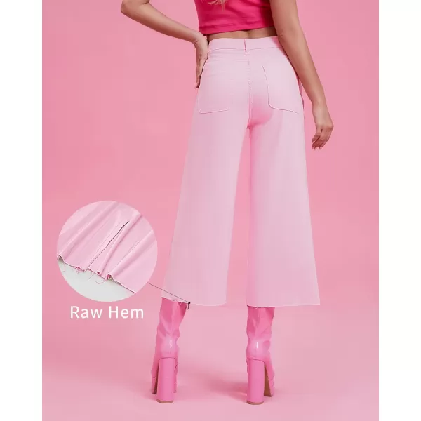 GRAPENT Jean Capris for Women Wide Leg Jeans High Waisted Seamed Front Raw Hem Denim Capri Pants StretchyCandy Pink