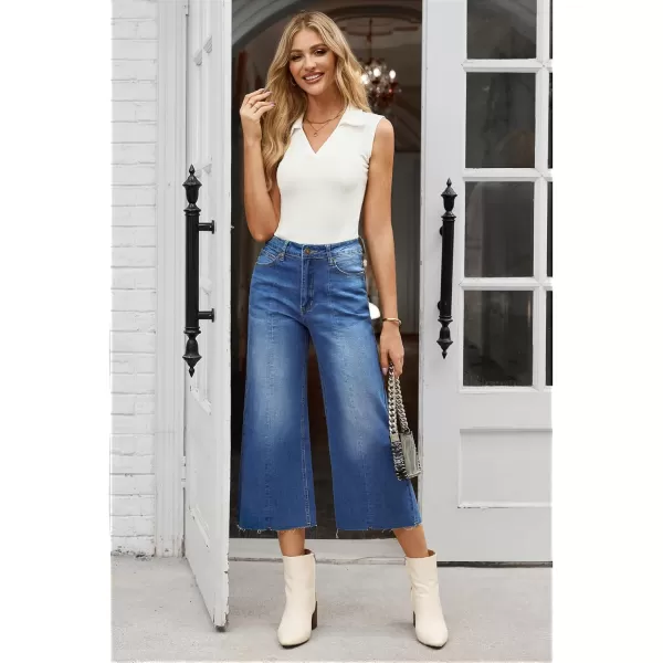 GRAPENT Jean Capris for Women Wide Leg Jeans High Waisted Seamed Front Raw Hem Denim Capri Pants StretchyClassic Blue