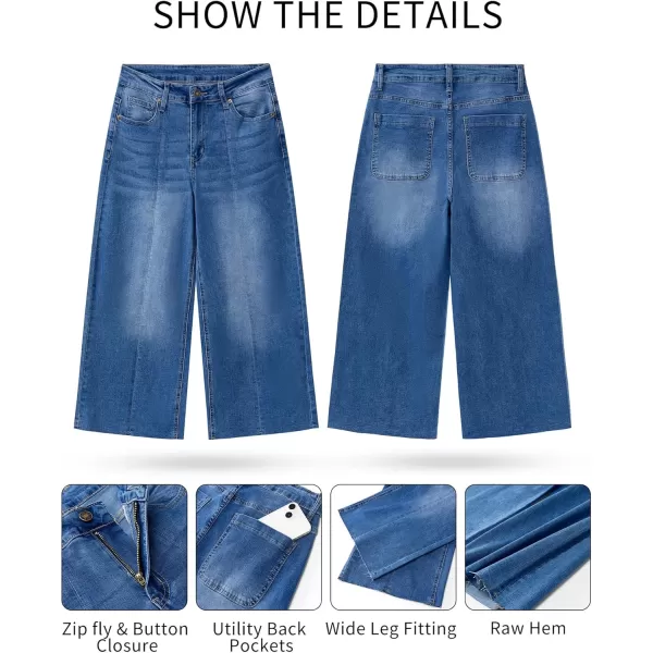 GRAPENT Jean Capris for Women Wide Leg Jeans High Waisted Seamed Front Raw Hem Denim Capri Pants StretchyClassic Blue