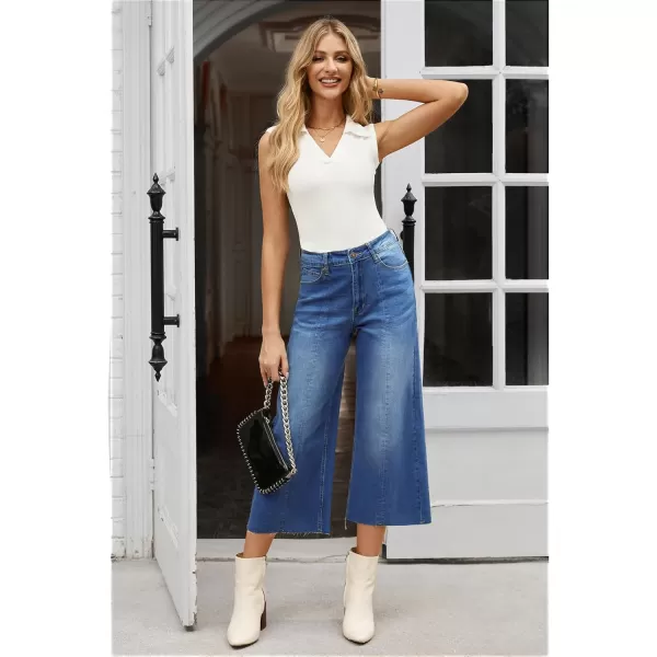 GRAPENT Jean Capris for Women Wide Leg Jeans High Waisted Seamed Front Raw Hem Denim Capri Pants StretchyClassic Blue