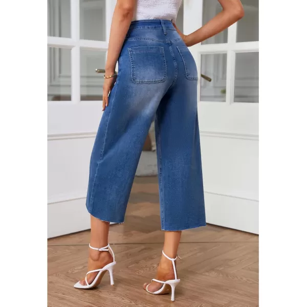 GRAPENT Jean Capris for Women Wide Leg Jeans High Waisted Seamed Front Raw Hem Denim Capri Pants StretchyClassic Blue