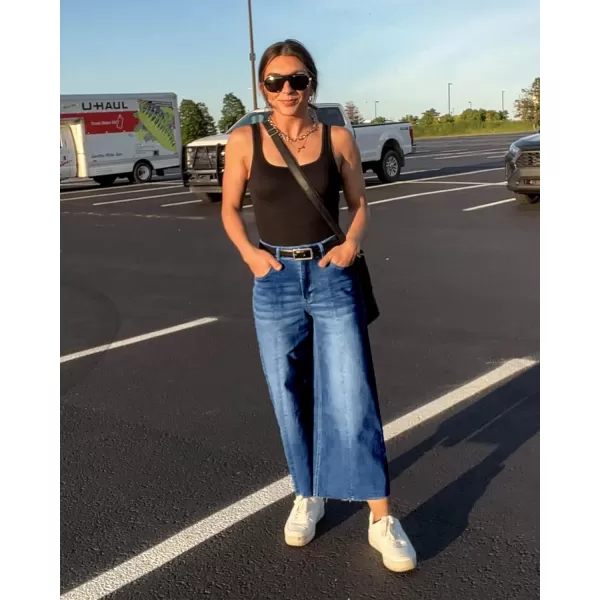 GRAPENT Jean Capris for Women Wide Leg Jeans High Waisted Seamed Front Raw Hem Denim Capri Pants StretchyClassic Blue