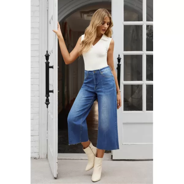 GRAPENT Jean Capris for Women Wide Leg Jeans High Waisted Seamed Front Raw Hem Denim Capri Pants StretchyClassic Blue
