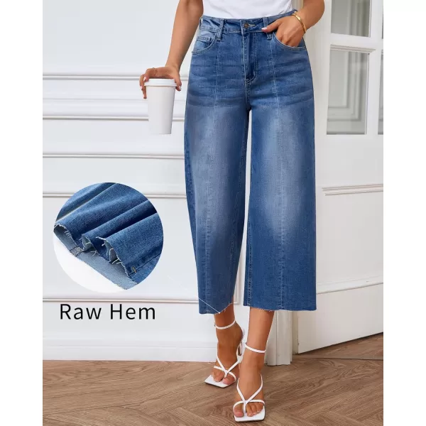 GRAPENT Jean Capris for Women Wide Leg Jeans High Waisted Seamed Front Raw Hem Denim Capri Pants StretchyClassic Blue