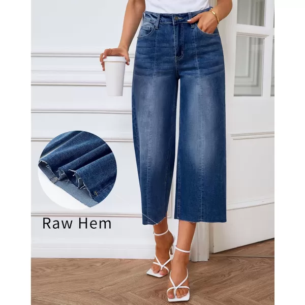 GRAPENT Jean Capris for Women Wide Leg Jeans High Waisted Seamed Front Raw Hem Denim Capri Pants StretchyCobalt Night Blue