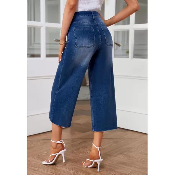 GRAPENT Jean Capris for Women Wide Leg Jeans High Waisted Seamed Front Raw Hem Denim Capri Pants StretchyCobalt Night Blue