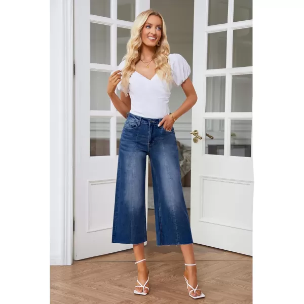 GRAPENT Jean Capris for Women Wide Leg Jeans High Waisted Seamed Front Raw Hem Denim Capri Pants StretchyCobalt Night Blue