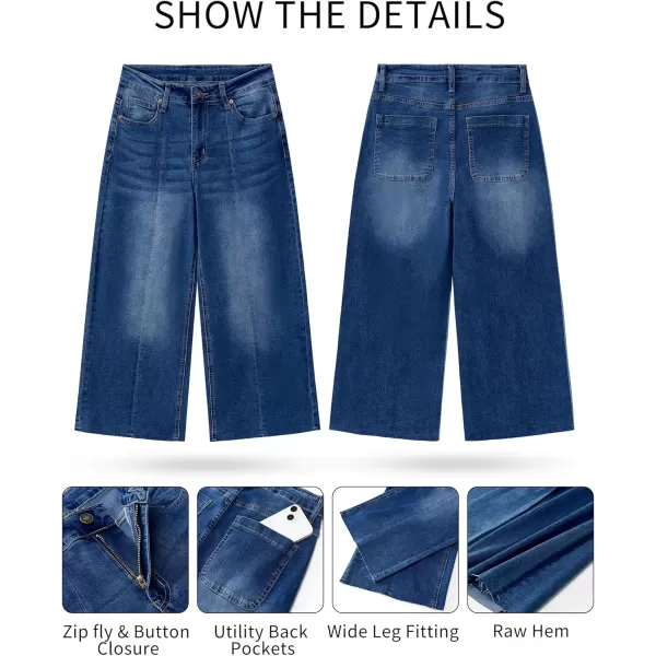 GRAPENT Jean Capris for Women Wide Leg Jeans High Waisted Seamed Front Raw Hem Denim Capri Pants StretchyCobalt Night Blue