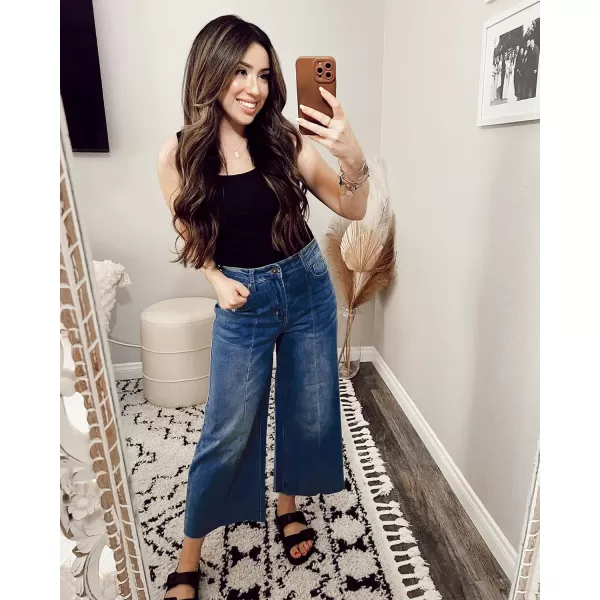 GRAPENT Jean Capris for Women Wide Leg Jeans High Waisted Seamed Front Raw Hem Denim Capri Pants StretchyCobalt Night Blue