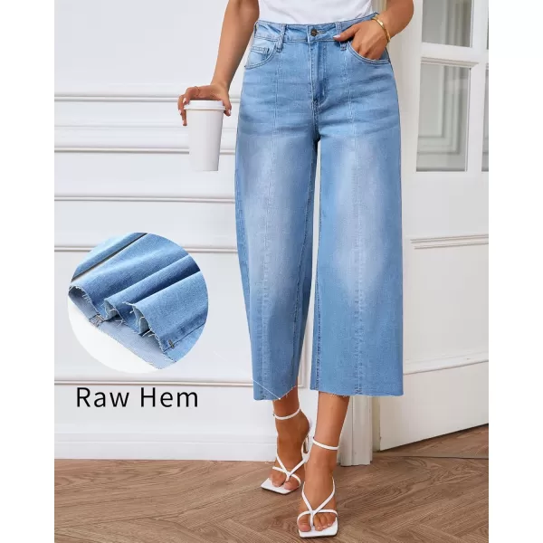 GRAPENT Jean Capris for Women Wide Leg Jeans High Waisted Seamed Front Raw Hem Denim Capri Pants StretchyCool Blue