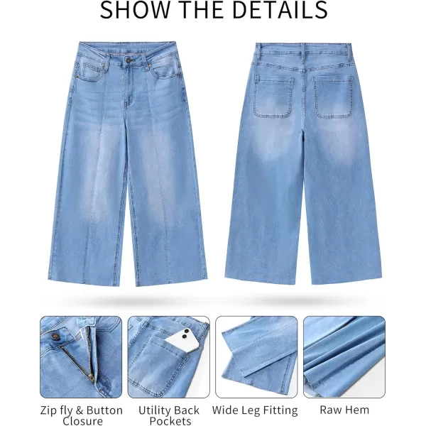 GRAPENT Jean Capris for Women Wide Leg Jeans High Waisted Seamed Front Raw Hem Denim Capri Pants StretchyCool Blue
