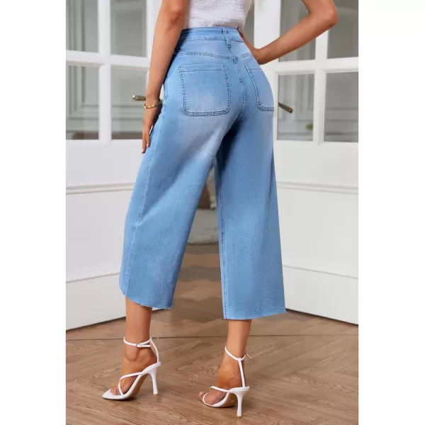 GRAPENT Jean Capris for Women Wide Leg Jeans High Waisted Seamed Front Raw Hem Denim Capri Pants StretchyCool Blue