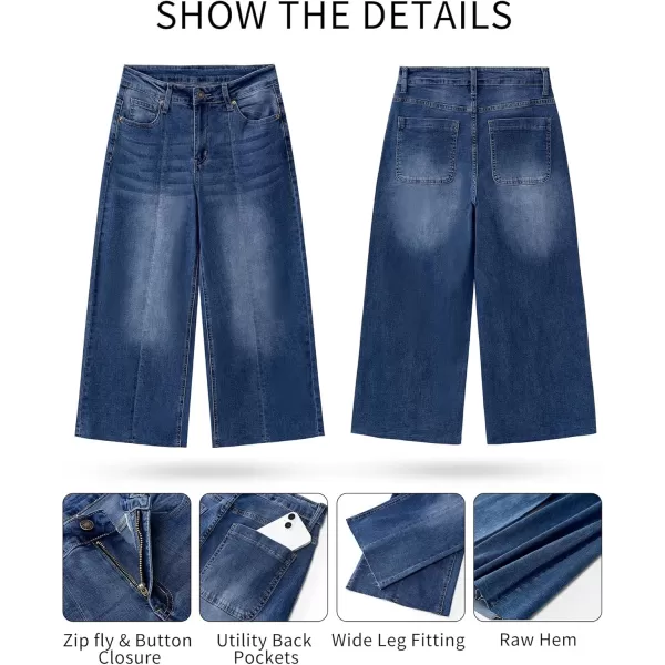 GRAPENT Jean Capris for Women Wide Leg Jeans High Waisted Seamed Front Raw Hem Denim Capri Pants StretchyDark Blue
