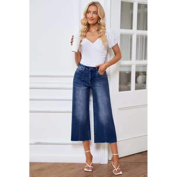 GRAPENT Jean Capris for Women Wide Leg Jeans High Waisted Seamed Front Raw Hem Denim Capri Pants StretchyDark Blue