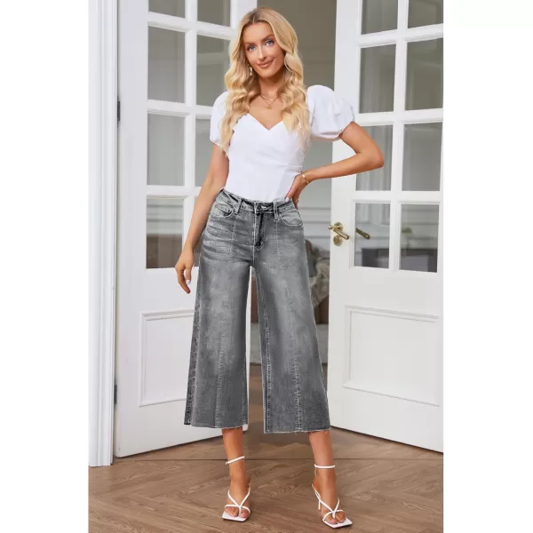 GRAPENT Jean Capris for Women Wide Leg Jeans High Waisted Seamed Front Raw Hem Denim Capri Pants StretchyGray