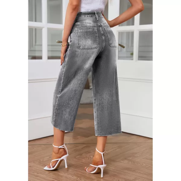 GRAPENT Jean Capris for Women Wide Leg Jeans High Waisted Seamed Front Raw Hem Denim Capri Pants StretchyGray