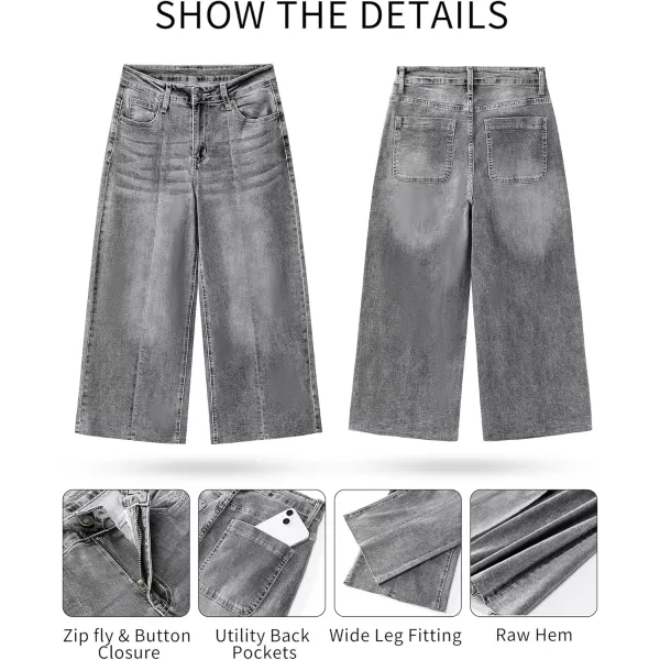 GRAPENT Jean Capris for Women Wide Leg Jeans High Waisted Seamed Front Raw Hem Denim Capri Pants StretchyGray