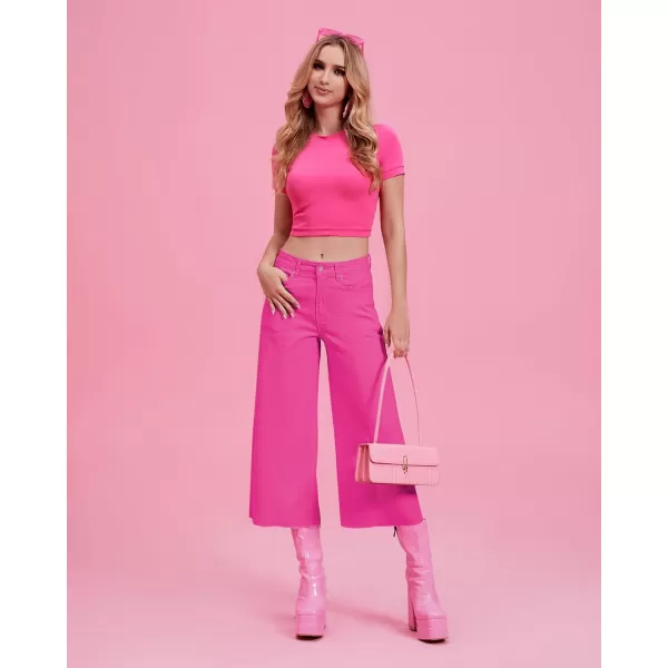 GRAPENT Jean Capris for Women Wide Leg Jeans High Waisted Seamed Front Raw Hem Denim Capri Pants StretchyHot Pink
